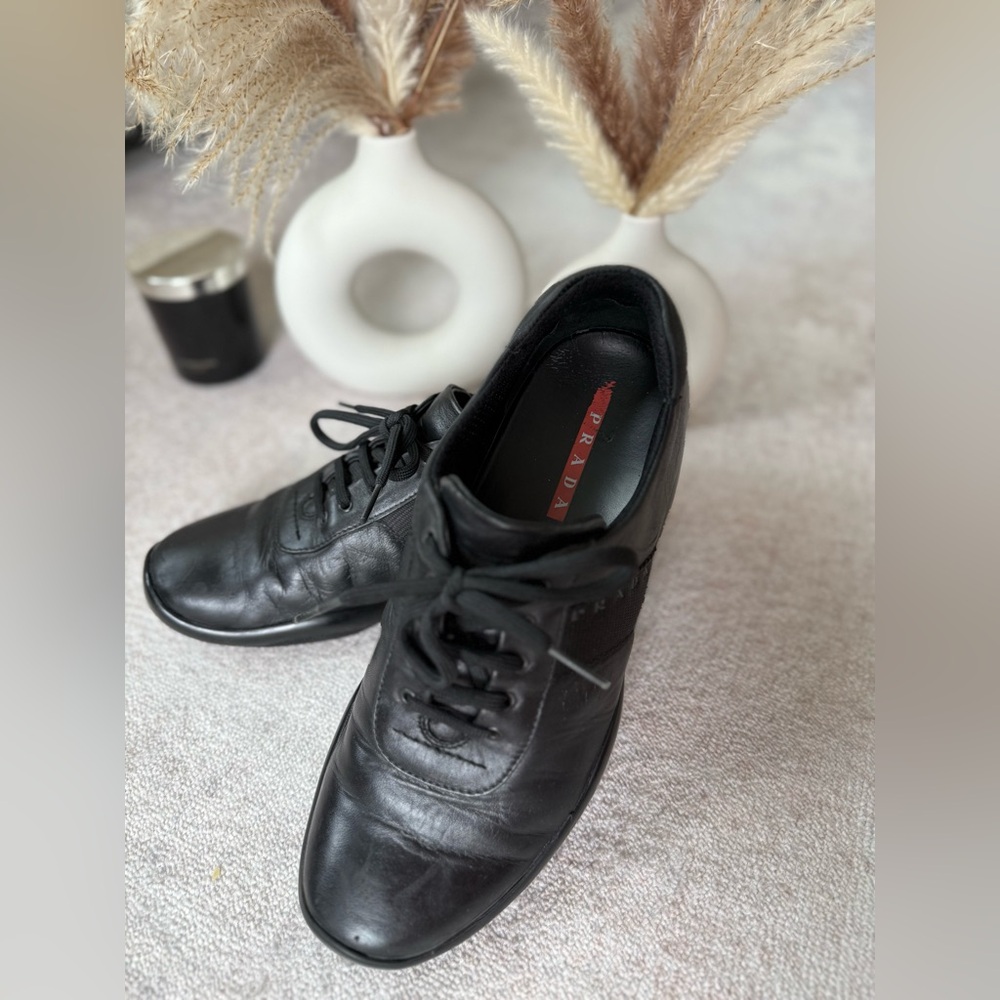 Prada Men’s Leather Sneakers (Black – Linea Rossa)